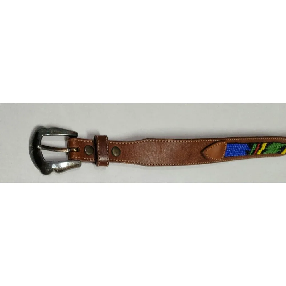 REI Womens Beaded Leather Waist Belt Brown Multicolor Colorful #309025 Size M - Picture 6 of 12